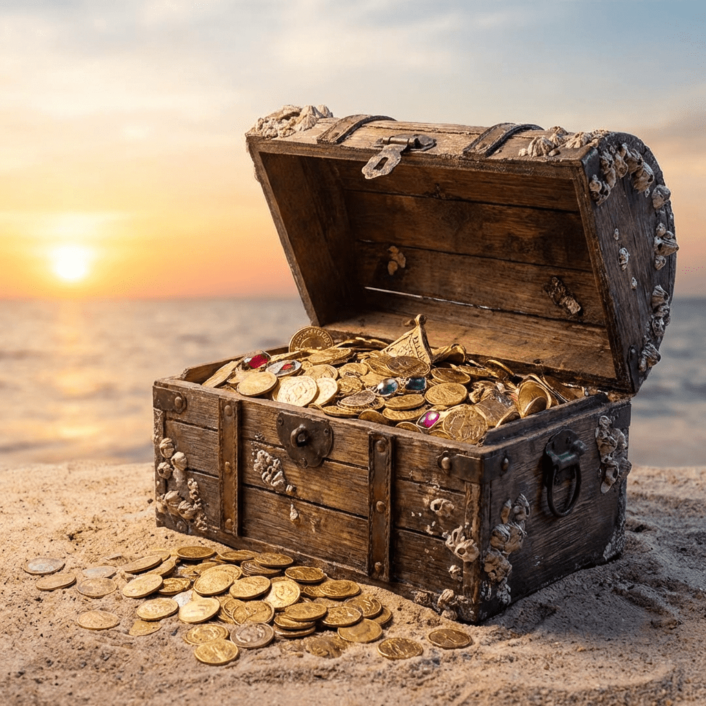 Open wooden chest filled with gold coins and gems on a beach at sunset.