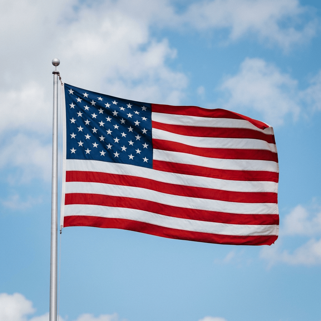 United States flag with 50 stars and 13 stripes on a flagpole